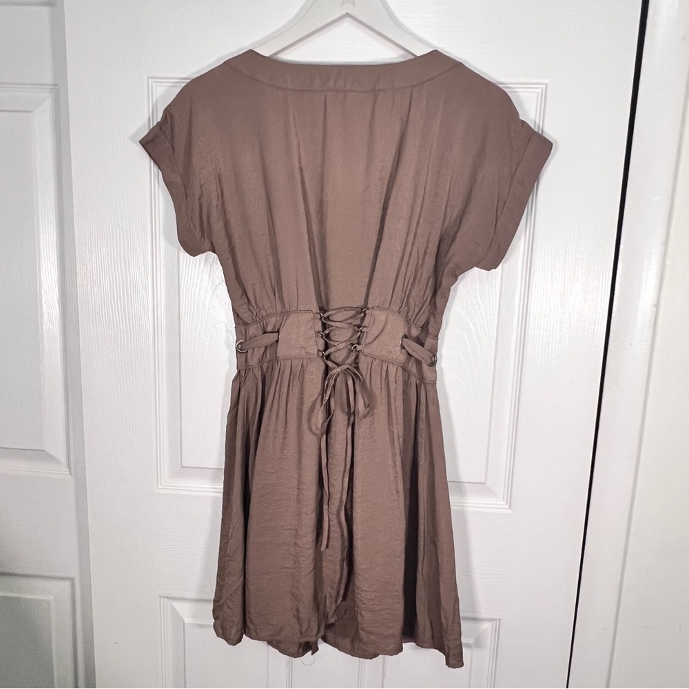 Edge Brown Button Tie Waist Lightweight Corset Back Casual Summer Dress - Picture 6 of 10
